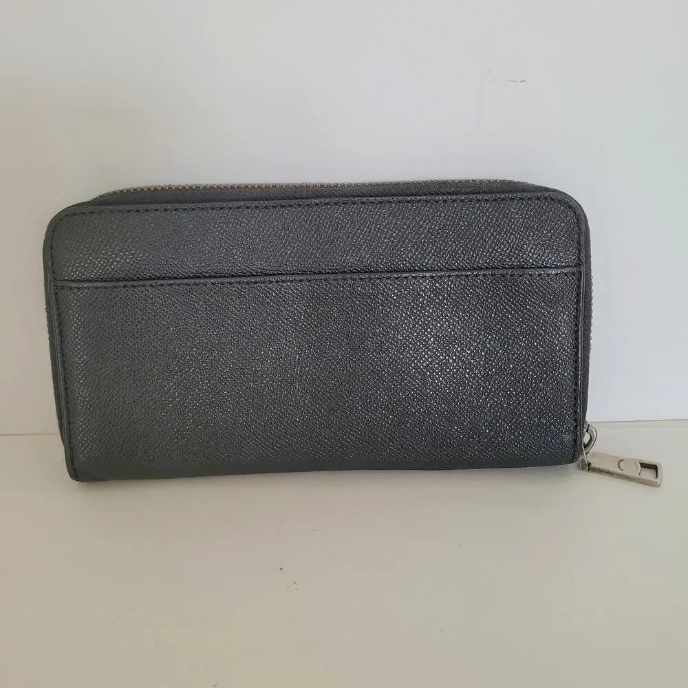 COACH New York Crossgrain‎ Leather Zip Around Wallet Clutch Black Long